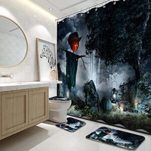 halloween scenery with tombstones shower curtain sets with rugs and toilet lid cover and bath mat for bathroom, shower curtain sets with 12 hooks, waterproof durable bathroom decor set