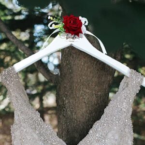 heread wedding hangers white wood color flower bride dress hanger leaf groom suit hanger engraved wedding grown hanger with ribbon bow knot for women and men (bride (pack of 1))