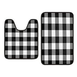 black and white plaid bathroom rugs mats set of 2, buffalo check 2 piece bath mats for bathroom, absorbent non slip soft bath toilet contour mat shower rugs decorations for kitchen bedroom indoor