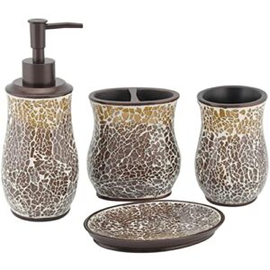 bathroom accessories set 4 pcs mosaic glass resin bath restroom decor sets collection includes lotion soap dispenser toothbrush holder tumbler soap dish bathroom vanity countertop brown