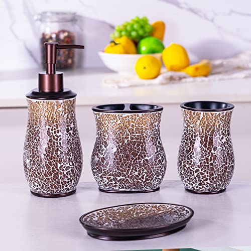 Bathroom Accessories Set 4 Pcs Mosaic Glass Resin Bath Restroom Decor Sets Collection Includes Lotion Soap Dispenser Toothbrush Holder Tumbler Soap Dish Bathroom Vanity Countertop Brown