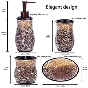 Bathroom Accessories Set 4 Pcs Mosaic Glass Resin Bath Restroom Decor Sets Collection Includes Lotion Soap Dispenser Toothbrush Holder Tumbler Soap Dish Bathroom Vanity Countertop Brown