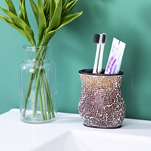 Bathroom Accessories Set 4 Pcs Mosaic Glass Resin Bath Restroom Decor Sets Collection Includes Lotion Soap Dispenser Toothbrush Holder Tumbler Soap Dish Bathroom Vanity Countertop Brown