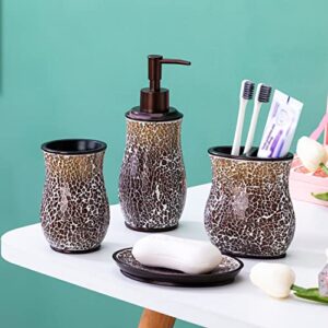 Bathroom Accessories Set 4 Pcs Mosaic Glass Resin Bath Restroom Decor Sets Collection Includes Lotion Soap Dispenser Toothbrush Holder Tumbler Soap Dish Bathroom Vanity Countertop Brown