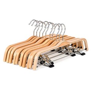 royalhanger wood hangers 10-pack, pants hangers skirt hangers wooden hangers with 2 adjustable clips, natural finish