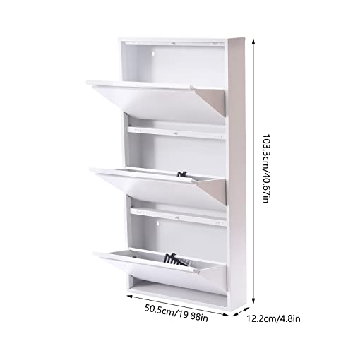 RudiUsoy Wall Mounted Shoe Cabinet, 3 Drawer Shoe Storage Cabinet 19.88''x4.8''x40.67'' Wall Mounted Metal Shoe Rack Orgainzer for Entryway, Hallway and Corridor - Holds 9 Pair Shoes (White)