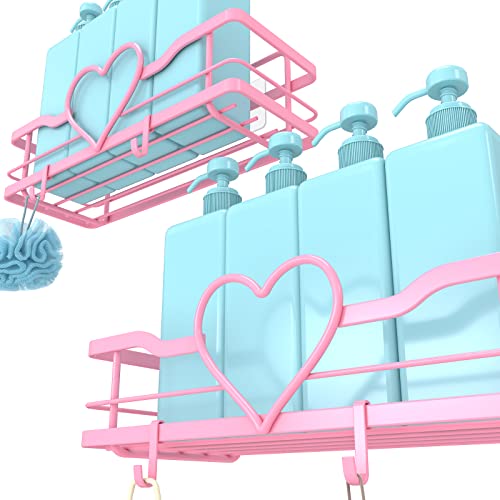 FLCITY Sweet Heart Shower Caddy with 4 Hooks, 2pcs No Drilling Self Adhesive Shower Organizer Shelf, Stainless Steel Bathroom Shower Shelf, Rustproof Shower Rack for Bathroom Kitchen Storage