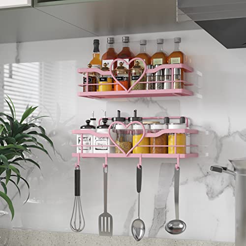 FLCITY Sweet Heart Shower Caddy with 4 Hooks, 2pcs No Drilling Self Adhesive Shower Organizer Shelf, Stainless Steel Bathroom Shower Shelf, Rustproof Shower Rack for Bathroom Kitchen Storage