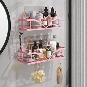 FLCITY Sweet Heart Shower Caddy with 4 Hooks, 2pcs No Drilling Self Adhesive Shower Organizer Shelf, Stainless Steel Bathroom Shower Shelf, Rustproof Shower Rack for Bathroom Kitchen Storage