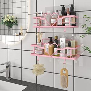 FLCITY Sweet Heart Shower Caddy with 4 Hooks, 2pcs No Drilling Self Adhesive Shower Organizer Shelf, Stainless Steel Bathroom Shower Shelf, Rustproof Shower Rack for Bathroom Kitchen Storage