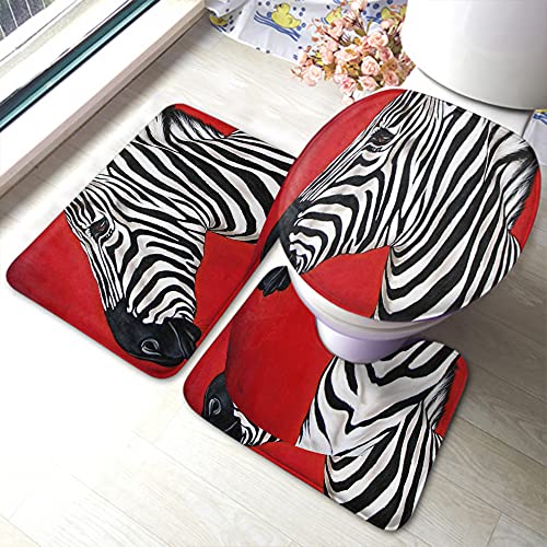 WONDERTIFY Zebra Bathroom Antiskid Pad African Black White Stripe Wild Animals Exotic Wildlife 3 Pieces Bathroom Rugs Set, Bath Mat+Contour+Toilet Lid Cover Red