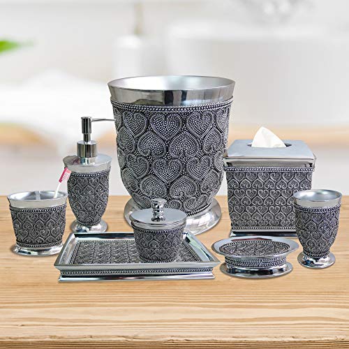 nu steel Beaded Heart Resin Bath Accessory Set for Vanity Countertop, 8 pcs Luxury Ensemble - Cotton Swab, soap Dish, Toothbrush Holder, Tumbler, soap Pump, Waste Basket, Tissue Box, Tray-Chrome