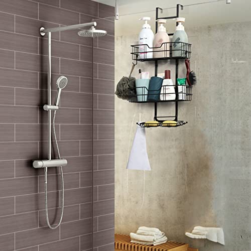 Fogein Over the Door Shower Caddy, Hanging Organizer Shelf Rustproof, Shower Basket with Suction Cup, Bathroom Shower Caddy Over The Door with Hook & Soap Box, No Drilling(3 Tier, Black)