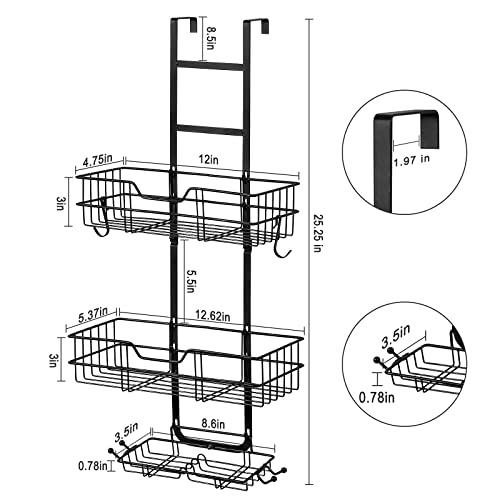 Fogein Over the Door Shower Caddy, Hanging Organizer Shelf Rustproof, Shower Basket with Suction Cup, Bathroom Shower Caddy Over The Door with Hook & Soap Box, No Drilling(3 Tier, Black)