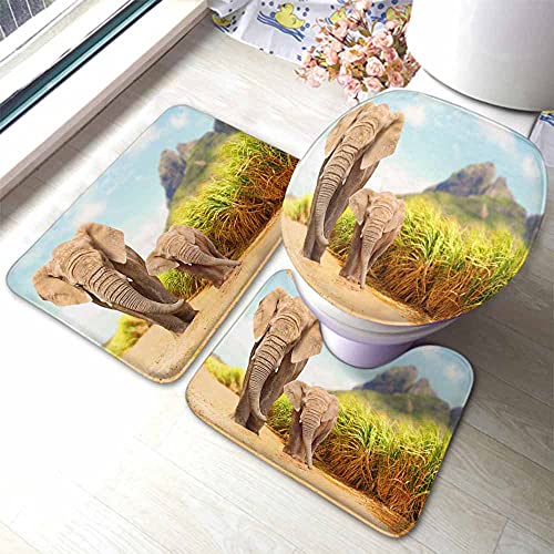 AOYEGO African Bush Elephants Bathroom Rugs Set of 3 Loxodonta African Family Walk On The Road Non Slip 31.5X19.7 Inch Soft Absorbent Polyester for Tub Shower Toilet