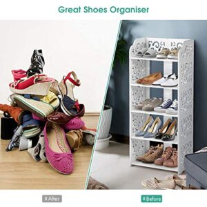 Zerone Shoe Organizer, 5Tier Shoe Cabinet Rack with White Chic Hollow Shoe Closet Wood Plastic Plate Storage Organizer Stand Shelf Holder Space Saving