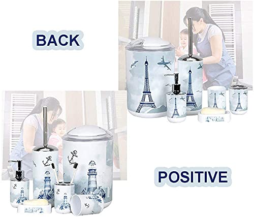 6 Piece Plastic Bathroom Accessory Set Luxury Lighthouse Bath Accessories Bath Set Lotion Bottles,Toothbrush Holder,Tooth Mug,Soap Dish,Toilet Brush,Rubbish for Modern Design