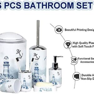 6 Piece Plastic Bathroom Accessory Set Luxury Lighthouse Bath Accessories Bath Set Lotion Bottles,Toothbrush Holder,Tooth Mug,Soap Dish,Toilet Brush,Rubbish for Modern Design