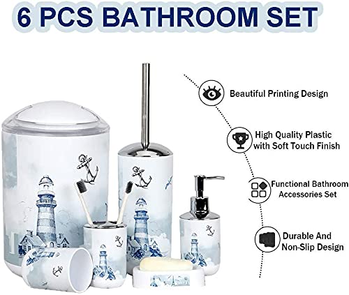 6 Piece Plastic Bathroom Accessory Set Luxury Lighthouse Bath Accessories Bath Set Lotion Bottles,Toothbrush Holder,Tooth Mug,Soap Dish,Toilet Brush,Rubbish for Modern Design