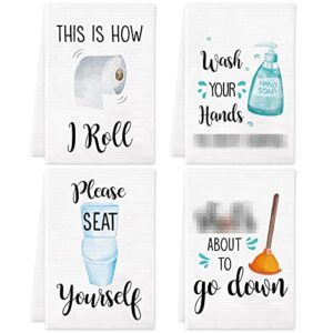 vansolinne funny bathroom hand towels with hanging loop (4 packs), 24''x18'' absorbent waffle weave towels with humorous words & pattern, cool guest hand towels funny bath decor nice bathroom gifts