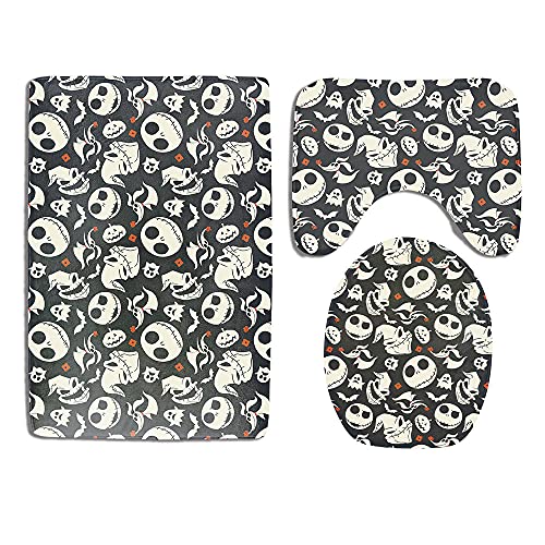 3 Piece Cartoon Skull Bath Mat Set, Cute Ghost Bathroom Mats Set Non-Slip Bathroom Rugs/Contour Mat/Toilet Cover