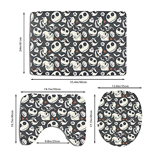 3 Piece Cartoon Skull Bath Mat Set, Cute Ghost Bathroom Mats Set Non-Slip Bathroom Rugs/Contour Mat/Toilet Cover