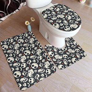 3 Piece Cartoon Skull Bath Mat Set, Cute Ghost Bathroom Mats Set Non-Slip Bathroom Rugs/Contour Mat/Toilet Cover