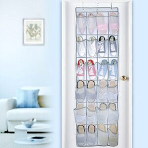 24 Grid Large Pockets Mesh Storage Bag Behind The Door, Over The Door Hanging Shoe Organizer , Free iInstallation, Carrying Stainless Steel Hooks(White)