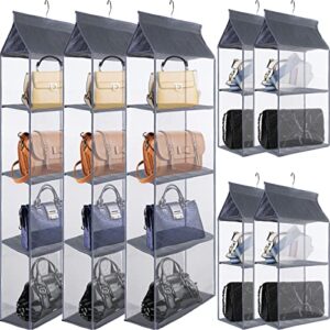 7 pcs hanging purse organizer for closet, 3 pcs 4-shelf closet purse shelf hanger and 4 pcs 2-shelf handbag organizer, breathable mesh purse storage organizer bag holder for wall closet wardrobe
