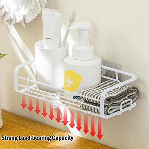 Poeland Shower Caddy Shelf with Hooks, Wall Mounted Organizer No Drilling Adhesive Floating Shelf Storage Rack for Bathroom, Kitchen White