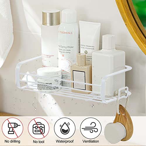 Poeland Shower Caddy Shelf with Hooks, Wall Mounted Organizer No Drilling Adhesive Floating Shelf Storage Rack for Bathroom, Kitchen White