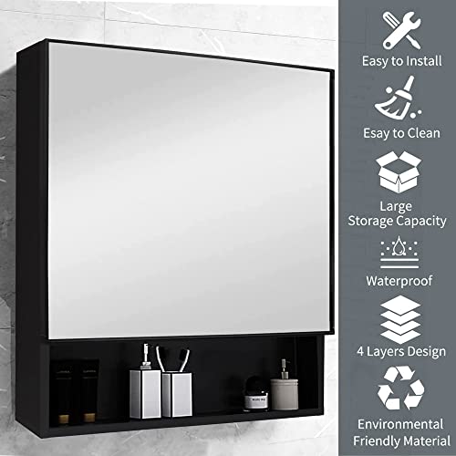 prosfalt 23.6 x19.6 Mirrored Medicine Cabinet, Space Aluminum Wall Mounted Bathroom Storage, Water and Rust Resistant, Recess Mount - Black Black