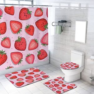 zmcongz lovely strawberry bathroom sets with shower curtain and rugs and accessories cute fruit on pink background bathroom decor bath curtain with rugs toilet lid cover bath mat, 72x72 inch