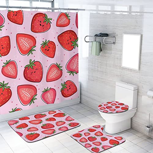 Zmcongz Lovely Strawberry Bathroom Sets with Shower Curtain and Rugs and Accessories Cute Fruit on Pink Background Bathroom Decor Bath Curtain with Rugs Toilet Lid Cover Bath Mat, 72x72 Inch