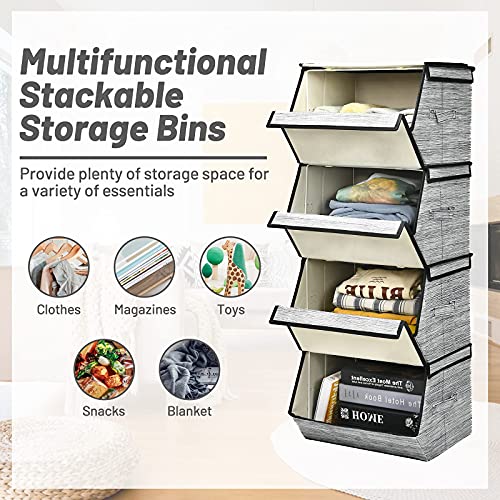 Giantex Storage Bins Set of 4 Stackable Cubes Fabric Baskets w/Lid, Handles, Magnetic Linen Container Boxes for Toys, Clothes, Files Foldable Closet Organize Bags 15”x14”x10” (Black+Gray)