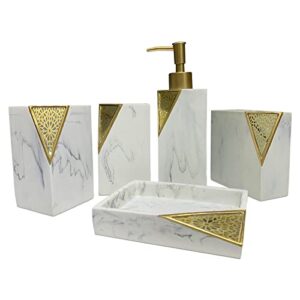 cozy villa 5-piece bathroom accessories, lotion dispenser, soap dish, toothbrush holder, tumblers, white marble with gold design