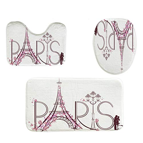 Eiffel Tower Bath Mats Sets for Bathroom 3 Piece,Paris Romantic Floral Bathroom Carpets Set with Absorbent and Machine Washable Non-Slip U-shaped Pedestal Pads, Toilet Seat Cover, Anti-Slip Floor Rugs