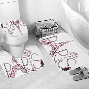 Eiffel Tower Bath Mats Sets for Bathroom 3 Piece,Paris Romantic Floral Bathroom Carpets Set with Absorbent and Machine Washable Non-Slip U-shaped Pedestal Pads, Toilet Seat Cover, Anti-Slip Floor Rugs