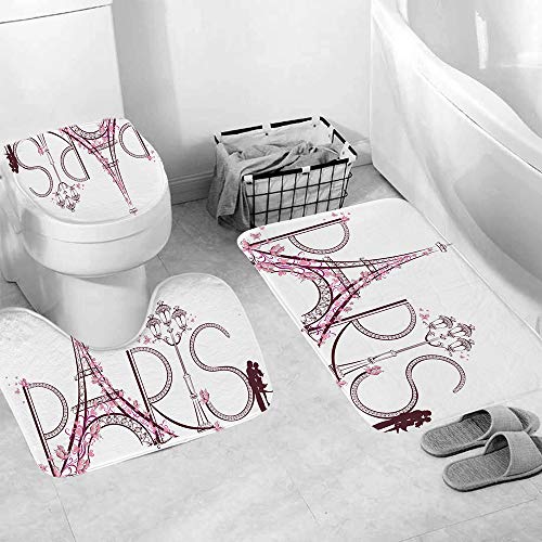 Eiffel Tower Bath Mats Sets for Bathroom 3 Piece,Paris Romantic Floral Bathroom Carpets Set with Absorbent and Machine Washable Non-Slip U-shaped Pedestal Pads, Toilet Seat Cover, Anti-Slip Floor Rugs