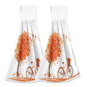 2 pack fall maple tree bike hanging kitchen towel with loop romantic autumn bicycle hand towels soft microfiber coral velvet dish towel for bathroom washcloth absorbent tie towel