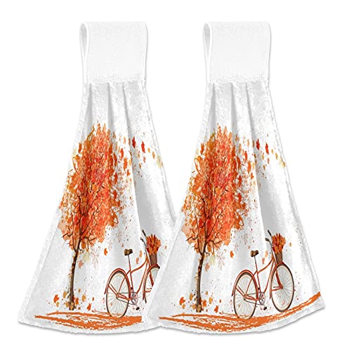 2 Pack Fall Maple Tree Bike Hanging Kitchen Towel with Loop Romantic Autumn Bicycle Hand Towels Soft Microfiber Coral Velvet Dish Towel for Bathroom Washcloth Absorbent Tie Towel