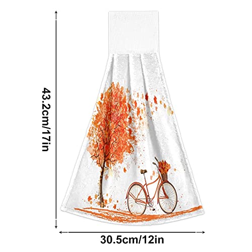 2 Pack Fall Maple Tree Bike Hanging Kitchen Towel with Loop Romantic Autumn Bicycle Hand Towels Soft Microfiber Coral Velvet Dish Towel for Bathroom Washcloth Absorbent Tie Towel