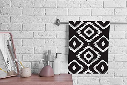 oFloral Hand Towels Cotton Washcloths Black White Repeating Geometric Tiles with Dotted Rhombus Comfortable Super-Absorbent Soft Towels for Bathroom Kitchen Spa Gym Yoga Face Towel 15X30 Inch,