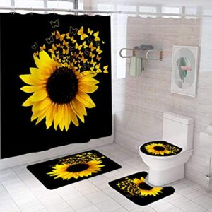 yuaobeimei golden sunflower and butterfly floral patterned shower curtain set 4 pieces 3d printing floral bathroom decor with bath rugs mat,and 12 hooks, 71x71inch