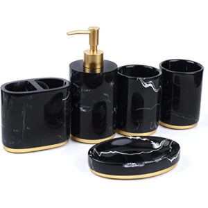 5-piece bathroom counter top accessory set - dispenser for liquid soap or lotion, soap dish, toothbrush holder and 2 tumblers, gold base, marble pattern resin, ink black