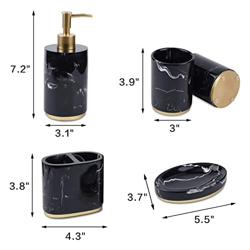 5-Piece Bathroom Counter Top Accessory Set - Dispenser for Liquid Soap or Lotion, Soap Dish, Toothbrush Holder and 2 Tumblers, Gold Base, Marble Pattern Resin, Ink Black