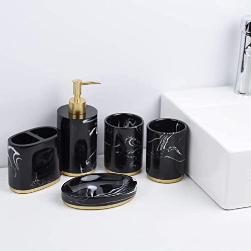 5-Piece Bathroom Counter Top Accessory Set - Dispenser for Liquid Soap or Lotion, Soap Dish, Toothbrush Holder and 2 Tumblers, Gold Base, Marble Pattern Resin, Ink Black