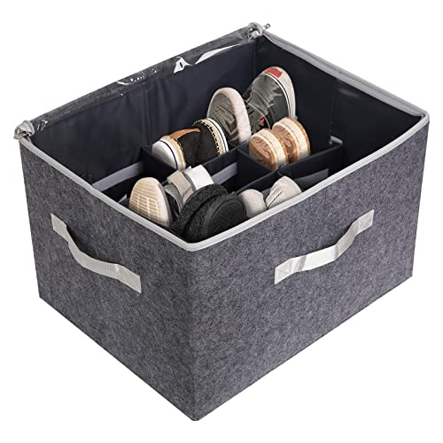 Premium Felt Shoe Organizer Closet Storage Solution with Adjustable Dividers & Clear Cover for Storing Shoes, Clothing, Handbags, Blankets (19.7” L x 15.7” W)