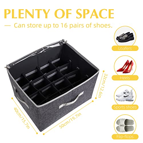 Premium Felt Shoe Organizer Closet Storage Solution with Adjustable Dividers & Clear Cover for Storing Shoes, Clothing, Handbags, Blankets (19.7” L x 15.7” W)