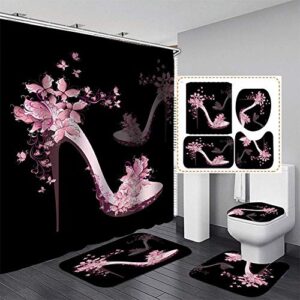 4 pcs high heel bathroom sets with non-slip rugs, toilet lid cover and bath mat, pink butterfly high heel waterproof shower curtains with 12 hooks, bathroom girly decor #2-180x180